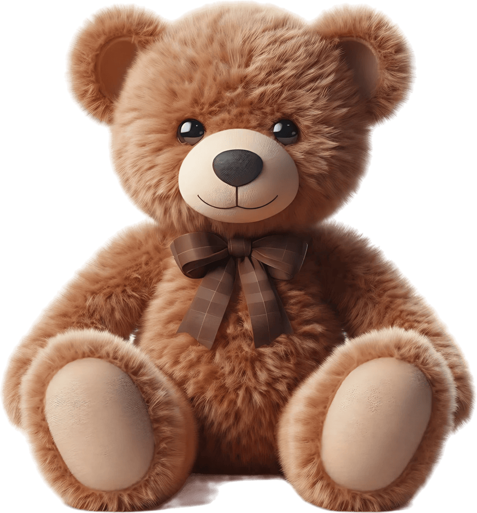 A seated brown teddy bear with a plaid bow.