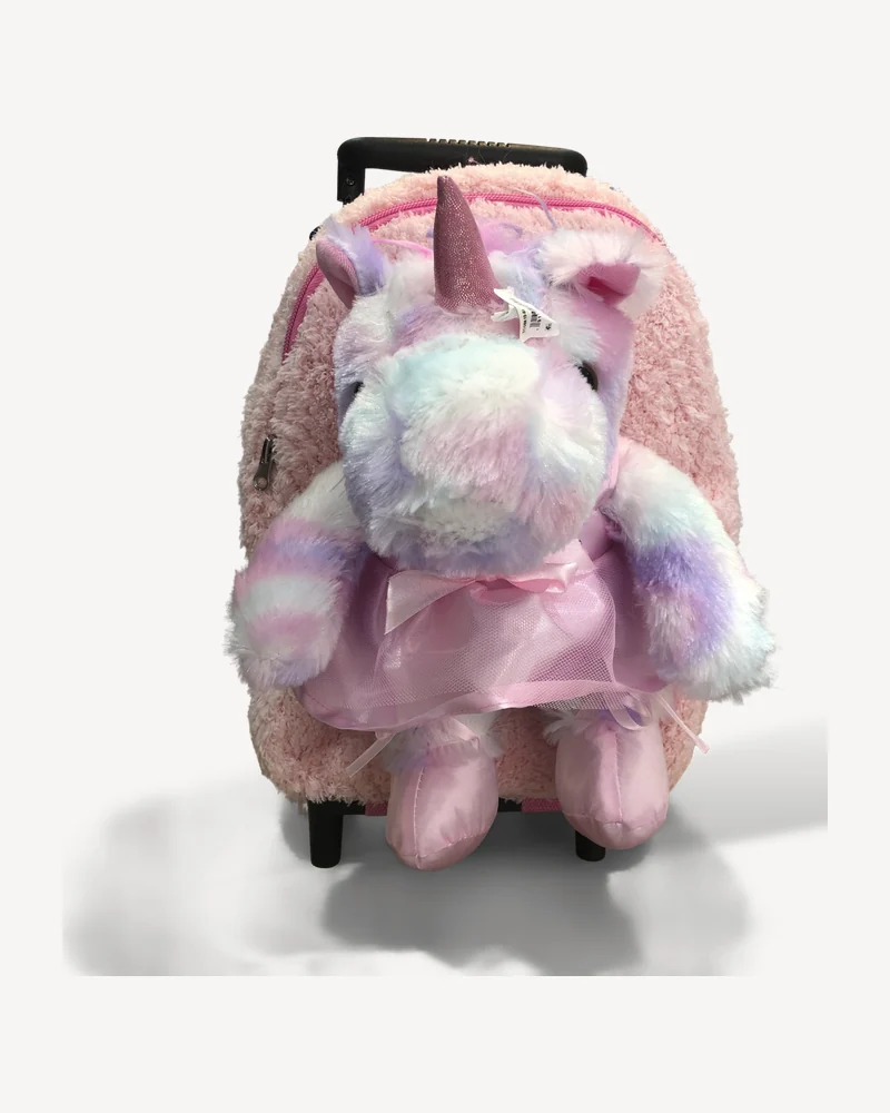 A pink unicorn rolling backpack with a tulle tutu.